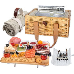 Hap Tim 4 Person Wicker Picnic Hamper with Folding Mini Wine Picnic Table and Large Insulated Cooler Bag and Cutlery, Service Kits for 4 People, Couple Gifts