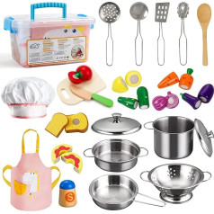 Tigerhu Kitchen toy accessories, children's kitchen accessories, wood, play kitchen accessories, food toy, stainless steel pan set, apron, doll kitchen, baking moulds, role play girls and boys