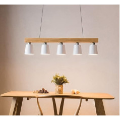 ZMH Pendelleuchte Holz Hängelampe Esstisch 100CM Rustikal Esszimmerlampe Metall Design Esstischlampe Modern Hängeleuchte 5-Flammig Pendellampe E27 Max.25W Weiß (ohne Leuchtmittel)