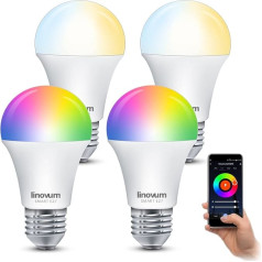 linovum Pack of 4 LED Smart Lamp E27 RGB un krāsu temperatūra, ko var regulēt ar lietotni un valodu - WLAN spuldze, saderīga ar Alexa, Google Home