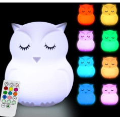 Glinrui Large Owl Night Light for Children, Bedroom Lights, 9 Colours Baby Bedside Lamp, Nursery Lamp, Snooze Light, Adjustable Brightness and Colour/Time Setting, Large