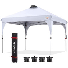 Abccanopy 2,5 x 2,5 m lapene Ūdensizturīgs Pop-Up dārza lapene Festivāls Saules aizsardzība Āra nojume Super kompakts nojume ar Roll Carry Bag Bonus 4 x svara maisiņi 4 x virves 4 x stabi Balta (ABC-SHJQ)