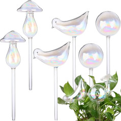 Beautywen 6 Pack Large Plant Watering Balls 4.5 Inch Bird Mushroom Shape Plant Watering Bulbs Colorful Iridescent Glass Self Watering Spikes for Indoor and Outdoor Plants