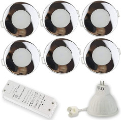 6 x LED Recessed Spotlights Chrome Round 5 Watt Cold White 12 V MR16 for Bathroom, Outdoor Use IP44 Diameter 60-75 mm Bore Hole Bathroom Patio Recessed Ceiling Spotlight Ceiling Spotlight Ceiling