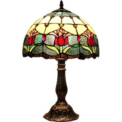 Bieye L30020 Tulpe Blume Tiffany Stil Glasmalerei Tischlampe Nachtlicht mit 12 Zoll Breite handgemachte Lampenschirm Metallbasis für Schlafzimmer Wohnzimmer, 18 Zoll hoch, rot grün