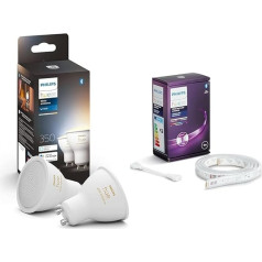 Philips Hue White Ambiance GU10 LED prožektori 2 gab. (350 lm) un balta un krāsaina gaismu josla Plus 1 m pagarinājums 570 lm