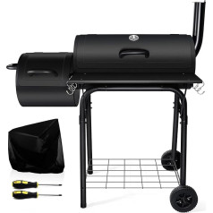 Holzkohlegrill mit Smoker, Leonyo Outdoor Holzkohlegrill mit Offset Smoker, Barbecue Outdoor Camping Holzkohlegrills & Smoker mit Grillabdeckung, Fass BBQ Grill für Hinterhof Party Kochen, Schwarz