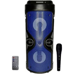 Bluetooth skaļrunis — pārnēsājams skaļrunis ar karaoke režīmu un mikrofonu, FM radio, USB un SD karšu lasītājs, LED apgaismojums diskotēkā, bezvadu skaļrunis (zils)