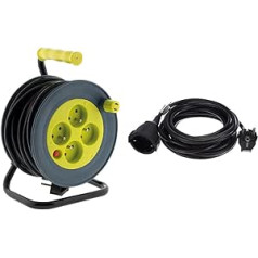 Zenitech - Cable Reel with 4 Sockets - 15 m (3G1 mm²) Black & REV Extension Cable 5 m, Extension 3680 W, Power Cable H05VV-F, Black