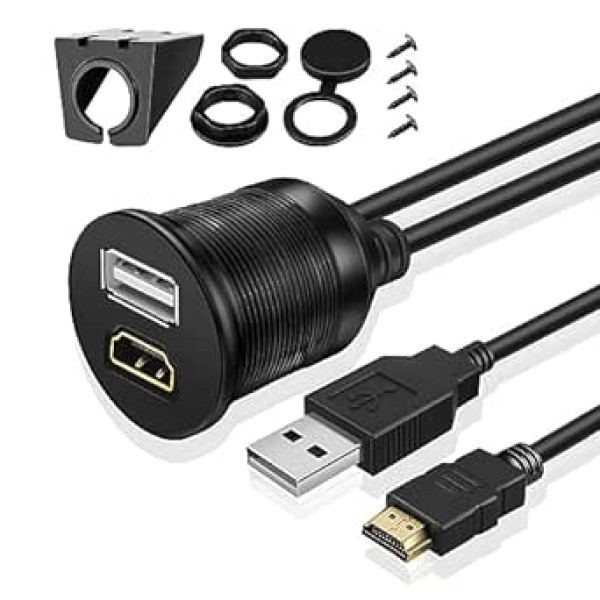 TNP USB + HDMI Einbaubuchse Kabel — 2 m, Kfz USB un HDMI Einbau Buchse Kabel, Auto USB un HDMI Aux Verlängerungskabel, Stereo audio adapteris armaturenbrett, LKW, Boot, Motorrad, Autoradio, schwarz