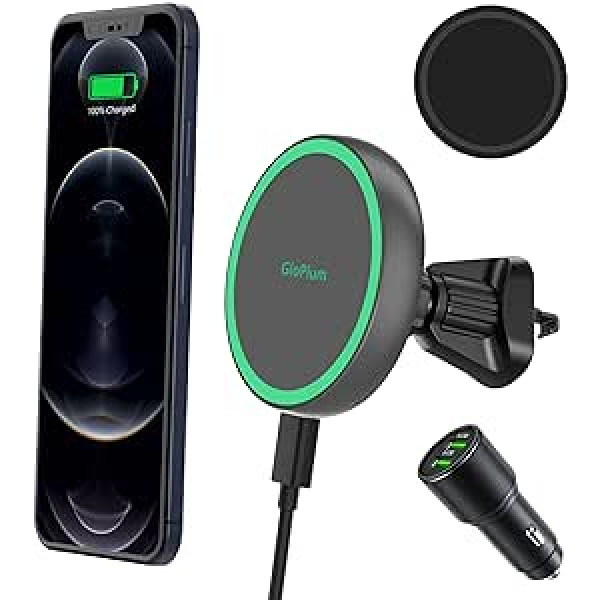 Gloplum savietojams 15 W Magsafe bezvadu magnētiskais automašīnas mobilā tālruņa turētājs ar 20 W automašīnas lādētāju, bezvadu automašīnas lādētājs iPhone 14 / iPhone 13 / iPhone 12 sērijai