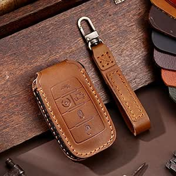 ontto Car Key Case Der Dodge RAM 1500 RAM1500 RAM2500 TRX 2021 2020 Piemērots Chrysler Couve Dodge Key Case Ādas aizsargvāciņš Bezatslēgas tālvadības pults Key Fob 5 Button Brown