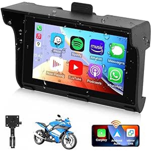 CAMECHO Motorcycle GPS Apple CarPlay & Android Car, 5 Inch IPS Waterproof Portable Display with Bluetooth Hands-Free Kit Airplay Android Cast Siri/Google Assistant Support TF/USB/AUX