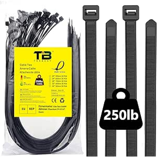 Kabelbinder Schwarz 600mm x 12,4 mm Kabelbinder Groß Lang Schwarze Kabelbinder Extra Lang kabeļu saites Heavy Duty, 30 Stück Zipties ar 113kg Zugfestigkeit, Outdoor Industrie Kabelbinder UV Beständig