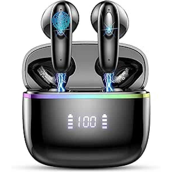 Bluetooth austiņas, bezvadu Bluetooth 5.3 ievietojamas austiņas ar 4 ENC mikrofoniem, bezvadu austiņas 14,2 mm draivera stereo, bezvadu austiņas 40 stundas, IP7 ūdensnecaurlaidīgas austiņas, LED displejs USB-C