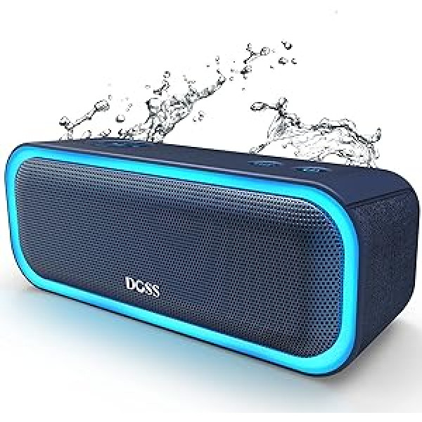 DOSS Bluetooth skaļrunis, SoundBox Pro mūzikas kaste Bluetooth, 20 W, daudzkrāsainas gaismas, IPX5 ūdensizturīgs, 20 H akumulators, bezvadu stereo savienošana pārī, Bluetooth kaste mobilajam tālrunim, āra, pludmale — zila