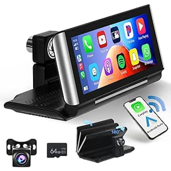 Hikity Wireless Carplay Android automašīnas portatīvais auto radio ar 6,86 collu 180° salokāmu ekrānu 4K DHR priekšējā kamera Carplay displeja automašīnas radio ar Bluetooth FM Mirror Link atpakaļgaitas kameru + 64G karti