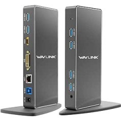 WAVLINK USB 3.0/USB C divu displeju dokstacija operētājsistēmai Windows un Mac, Universālā dokstacija ar 6 USB pieslēgvietām Atbalsta HDMI/DVI/VGA, Gigabit Ethernet, audio ieeju/izvadi