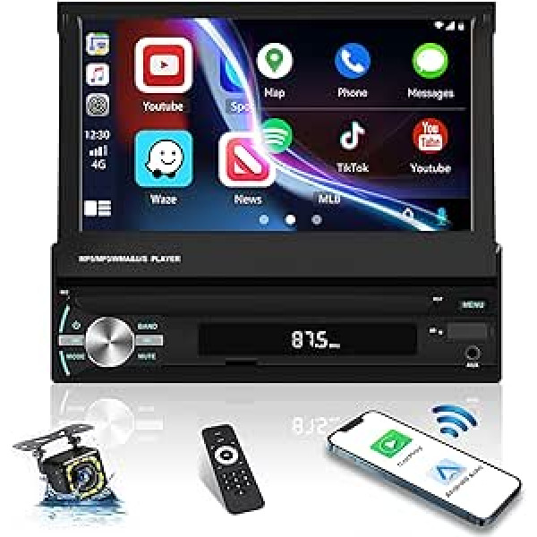 Bezvadu Carplay Android automašīnas radio 1 Din ar pagarināmu ekrānu 7 collu skārienekrāna automašīnas radio ar Bluetooth 5.1 FM 7 krāsu taustiņa apgaismojuma tālvadības pults AUX USB stūres vadība atpakaļgaitas kamera