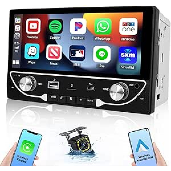 Hikity dubultā DIN automašīnas radio Bluetooth ar 6,86 ekrānu, bezvadu CarPlay un bezvadu Android automašīnu, 2 DIN skārienekrāna automašīnas radio ar BT USB AUX FM radio spoguļa saites atpakaļgaitas kameru