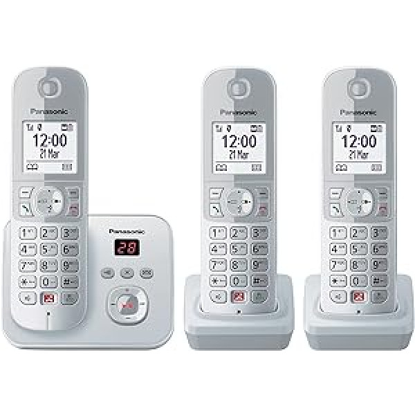 Panasonic KX-TG6863GS bezvadu tālrunis ar 3 klausulēm un automātisko atbildētāju (bloķējiet līdz 1000 tālruņu numuriem, skaidru fonta lielumu, skaļu klausuli, pilnu dupleksu brīvroku zvanu) Pērļu-sudraba