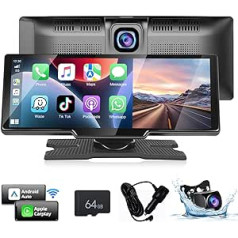 Podofo 9,3 collu pārnēsājams automašīnas radio ar bezvadu Apple Carplay Android Car, Bluetooth, FM pārraide, 2 sadalīšanas funkcija, atpakaļgaitas kamera, braukšanas ierakstītājs 7V-32V + 64 G karte