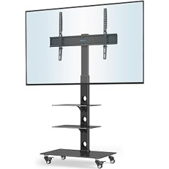 BONTEC TV statīvs ar riteņiem 30-70 collu plazmas/LCD/LED ekrāniem līdz 40 kg, 6 augstuma regulēšanas iespējas ar 3 līmeņu rūdīta stikla plauktiem, MAX VESA 600 x 400 mm