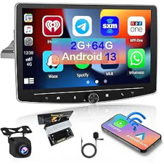 Hikity 2G 64G Android 13 automašīnas radio 1DIN ar regulējamu ekrānu, izvelkamu 10,1 collu bezvadu Carplay automašīnas radio ar GPS Bluetooth bezvadu Android automašīnas FM RDS WiFi MIC Dubultā USB atpakaļgaitas kamera