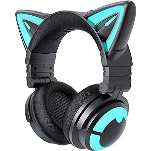 YOWU RGB Cat Ear austiņas 3G bezvadu 5.0 salokāmas spēļu austiņas ar 7.1 telpisko skaņu, iebūvētu mikrofonu un regulējamu apgaismojumu un efektu, izmantojot lietotni, C tipa uzlādes audio kabeli (melns)