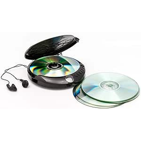 GPO CD122D retro kompaktinių diskų grotuvas, nešiojamas su 20 takelių programuojama atmintis LCD ekranas, apsauga nuo smūgių, ausinių lizdas + juodos ausinės