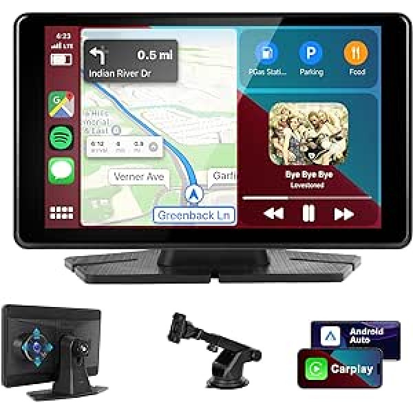 Podofo Wireless Apple carplay 7 collu portatīvais Autoradio skārienekrāns Android Auto Bluetooth/AUX/FM raidītājs ar priekšējo kameru/64G TF-Karte/Teleskopische Halterung,Siri/Google/DVR Zwei-Wege instalācija