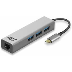 ACT AC7055 LAN tinklo adapteris su 3 prievadų USB 3.0 SuperSpeed 5Gbps, RJ45 Gigabit Ethernet 10/100/1000 Mbps, sidabrinė