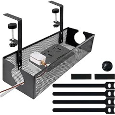 ALEENFOON kabelių valdymas po stalu, negręžiamas, kabelių krepšelis, užspaudžiamas kabelių valdymas, po stalu su kabelių laikikliais ir 6 lipniomis kabelių juostomis, kabelių tvarkymo organizatoriaus padėklas biurui / namams