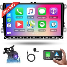 podofo Wireless Carplay Android Car Radio 2 DIN ar 9 collu ekrānu priekš VW Golf Tiguan Polo Skoda Passat ar navigācijas AHD atpakaļgaitas kameru FM/RDS ar 36/40 kontaktu kabeli WiFi/GPS