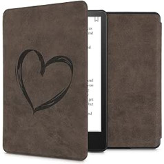 kwmobile Case Compatible with Amazon Kindle Paperwhite (11th Gen - 2021) - Faux Leather eReader Protective Case - Heart Brush Dark Brown