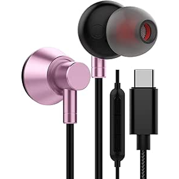 USB C austiņas, C tipa USB austiņas, stereo austiņas, Hi-Fi digitālās austiņas ar mikrofonu un tālvadības pulti Samsung Galaxy S21+ Ultra/S20 FE/OnePlus 9 Plus 9 Pro/9/8 T, rozā