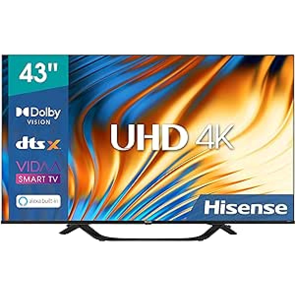 Hisense 43A67H 108 cm (43 collu) televizors, 4K UHD, Smart TV, HDR, Dolby Vision, trīskāršs uztvērējs DVB-C/S/S2/T/T2, bez rāmja, Wifi, iebūvēts Alexa, DTS Virtual X, viesnīcas režīms , melns [2022]