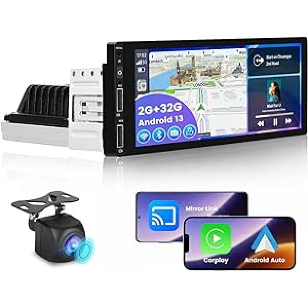 2G 32G Android 13 bezvadu Carplay automašīnas radio 1 DIN ar navigācijas ekrānu 6,86 collu skārienekrāna automašīnas radio stereo ar Bluetooth spoguļa saiti Android Car FM WiFi 2USB EQ Stūres vadība atpakaļgaita