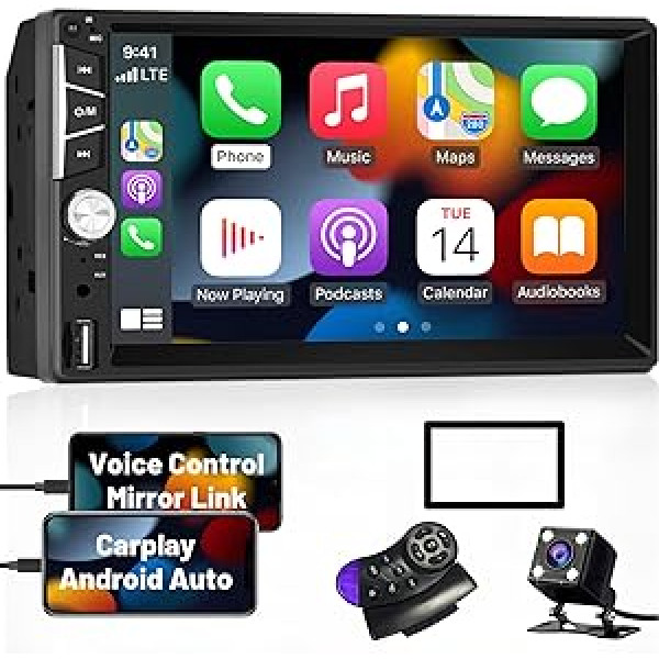 Dubultā DIN automašīnas radio Apple CarPlay Android Car, Hikity automašīnas radio Bluetooth 2Din ar 7 collu ekrānu automašīnas radio ar Bluetooth FM radio AUX USB spoguļa saite TF SWC + atpakaļgaitas kamera + mikrofons + rāmis