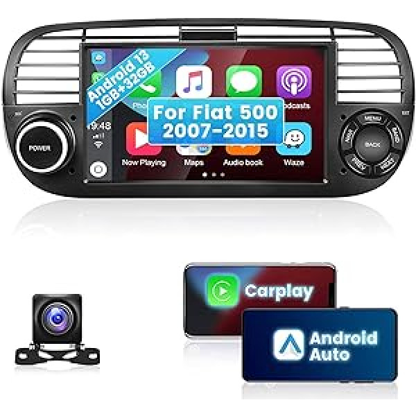 Hikity 1G 32G Apple Carplay automašīnas radio priekš Fiat 500 2007-2015 Android 13 Double DIN stereo auto radio ar navigāciju Bluetooth brīvroku komplekts Android Car WiFi FM RDS Canbus + AHD atpakaļgaitas kamera