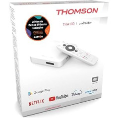 „Thomson THA100+“, „Android TV Box“ su 2 mėnesių „Zattoo Ultimate Gift“, „Android 10.0“, UHD 4K („Sky Ticket“, HDR, „Chromecast“, „Google“, „Netflix“, „Disney+“, „Prime Video“, „Google Play“ parduotuvė)