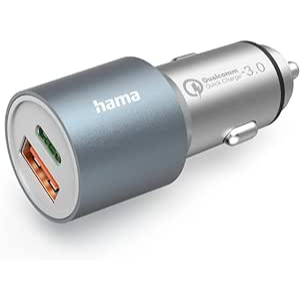 Hama Car Charger, Car Quick Charger 38 Watt USB C + USB A (2 Port Cigarette Lighter Charger Plug for Smartphone, Multiple Charging Adapter with Power Delivery and Qualcomm Quick Charge) Metal