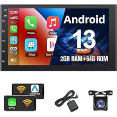 2+64G podofo 2Din 7 collu automašīnas radio ar bezvadu Apple Carplay/Android Car, Android 13 skārienekrāna ekrānu ar GPS/Bluetooth/Mirror Link/SWC/FM/RDS/WiFi/USB+ aizmugurējo kameru