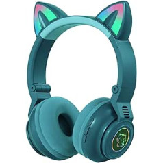 DASNTERED Cat Ear spēļu austiņas, Bluetooth 5.0 bezvadu austiņas uz ausīm ar LED gaismu, salokāmas stereoaustiņas, austiņas ar mikrofonu bērniem un pieaugušajiem (zaļa krāsa)