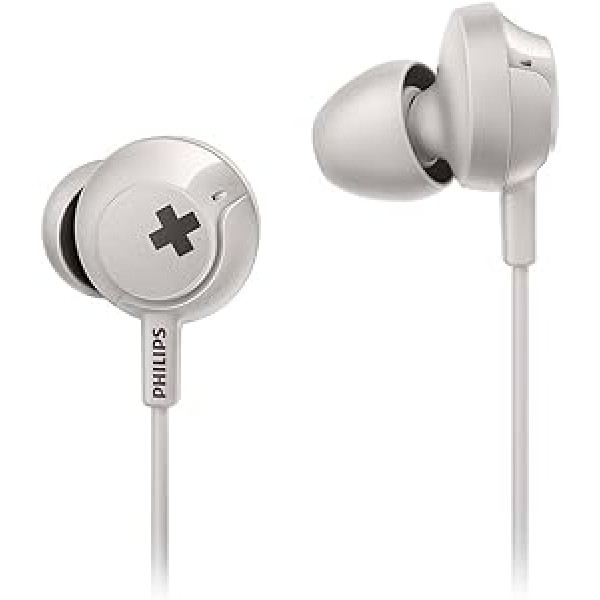 Philips Audio SHE4305WT/00 In-Ear Kopfhörer (Voluminöse Bässe, Integriertes Mikrofon, Geräuschisolation, Ergonomisches Design, 3 Ohrkappentypen) weiß