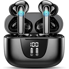 Vtkp Bluetooth ausinės, į ausis įstatomos ausinės, Bluetooth 5.3 ausinės, belaidės, 2 mikrofonai, 2023 HiFi stereo belaidės ausinės, LED maitinimo ekranas, USB C, atsparus vandeniui