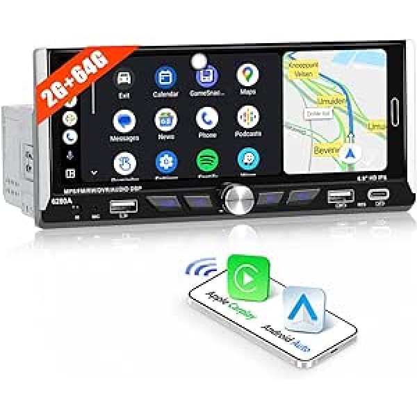 2G + 64G CAMECHO Android 13 automašīnas radio 1 DIN ar satelīta navigācijas ierīci, 6,9 collu automašīnas radio skārienjutīgs displejs ar Carplay bezvadu Android automašīnas WiFi RDS FM spoguļa savienojumu Bluetooth un USB