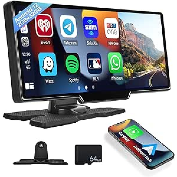 8Core 2G + 32G CAMECHO Android 12 WiFi portatīvā paneļa kamera ar navigācijas sistēmu, 10.26 automašīnas radio skārienjutīgs displejs ar CarPlay Android automašīnas WiFi FM spoguļa saiti, atbalsta DVR TF AUX-IN atpakaļgaitas kameru