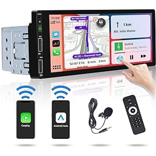 Hikity Wireless Apple Carplay automašīnas radio Bluetooth 1 Din ar ekrānu 6,86 collu skārienekrāna automašīnas radio 1 Din ar Bluetooth brīvroku sistēmu FM 2USB EQ Android automašīnas spoguļa saite SWC atpakaļgaitas kamera