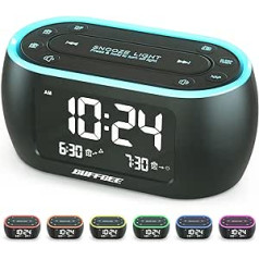 Buffbee Radio Alarm Clock with 7-Colour Night Light, Dual Alarm, Snooze, Dimmer, USB Charger & Nap Timer, Digital Alarm Clock with FM Radio and Auto-Off Timer, Mains Powered with Battery Backup